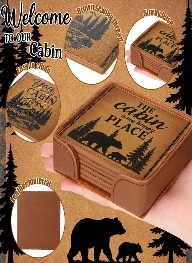 Ferrochef Rustic Cabin Bear Artificial Leather Coasters Set of 6 with Holder Bear Forest Wild Animals Square Leather Drinks Coaster for Farmhouse Country Tabletop Coffee Table Bar Xmas Birthday Gift - Image 3